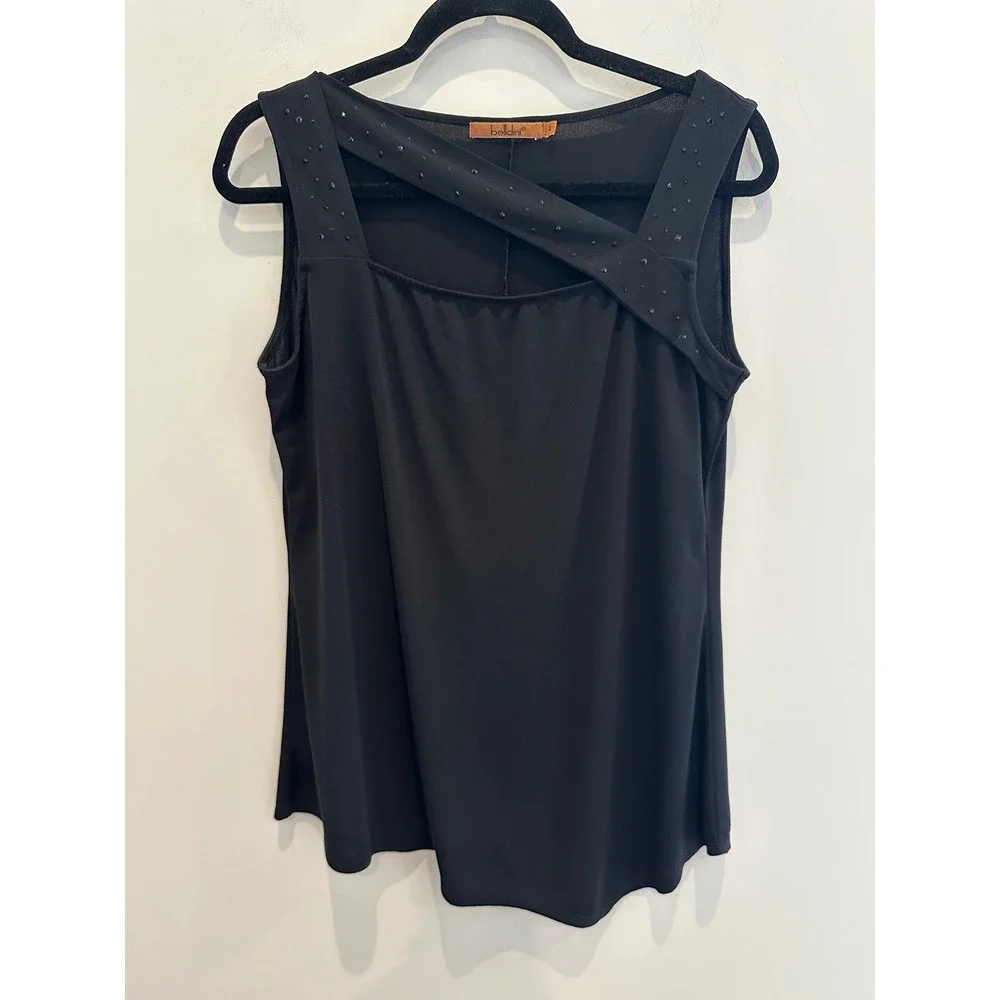 Belldini Black Rhinestone Asymmetrical Neckline Sleeveless Blouse Top Large